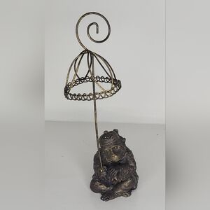 Bronze Resin Monkey Figurine with Umbrella, Earrings Holder - 7" X 2"